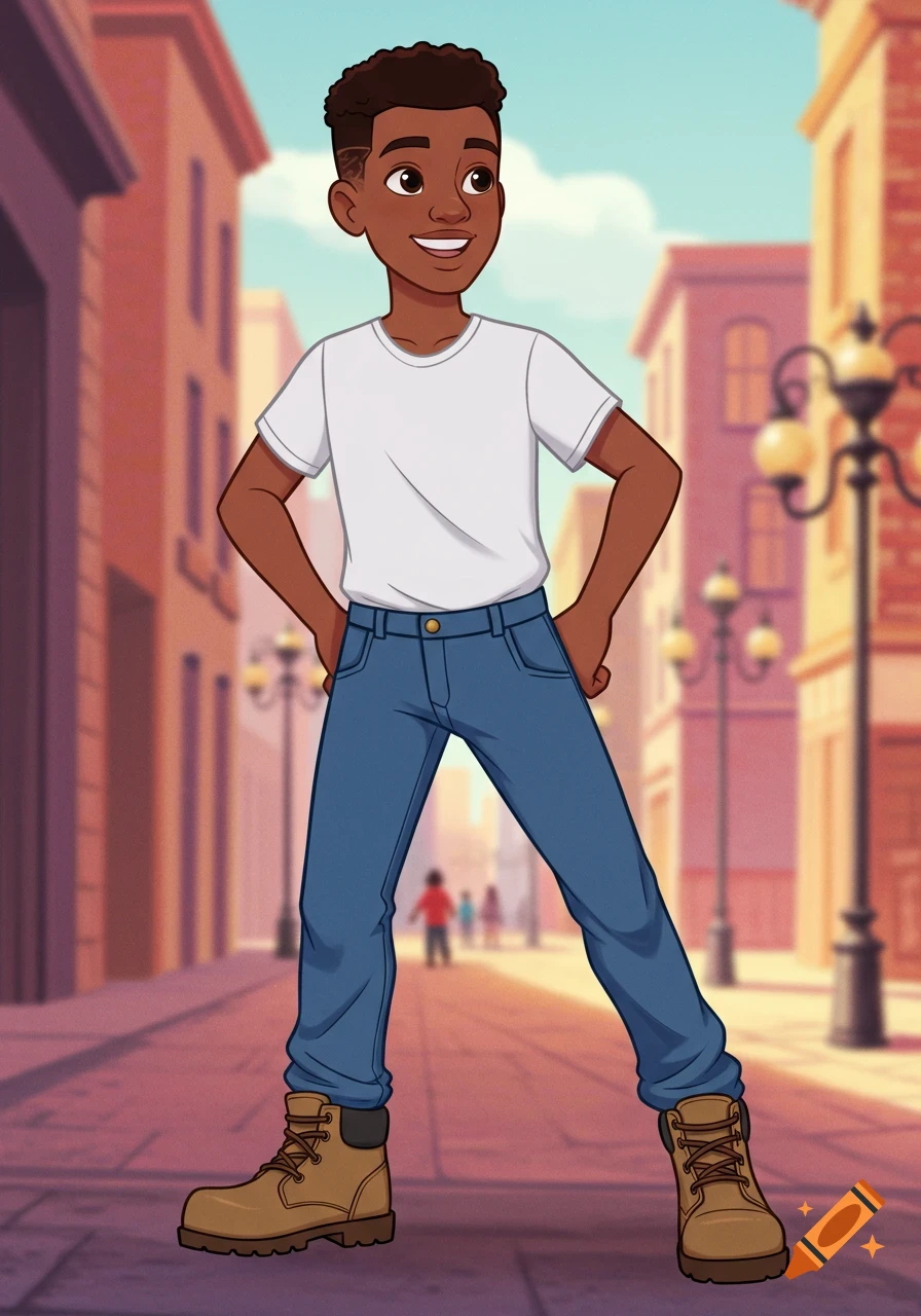 An animated African American teenage boy, smiling with hands on hips, wearing a white t-shirt, blue jeans, and work boots on a street.