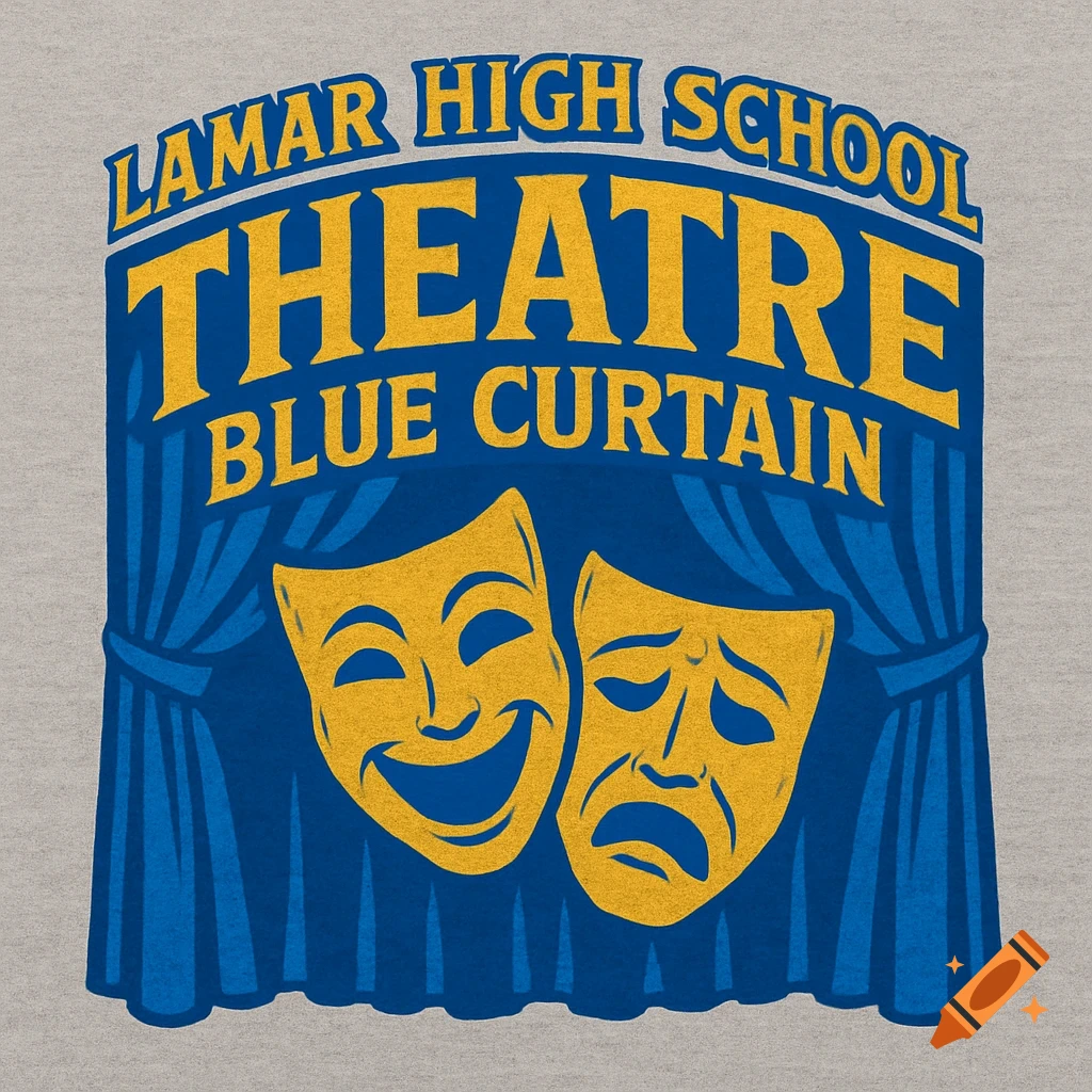 Blue and gold graphic design for Lamar High School Theatre featuring two drama masks, one smiling and one sad, on a blue stage curtain against a light gray background.