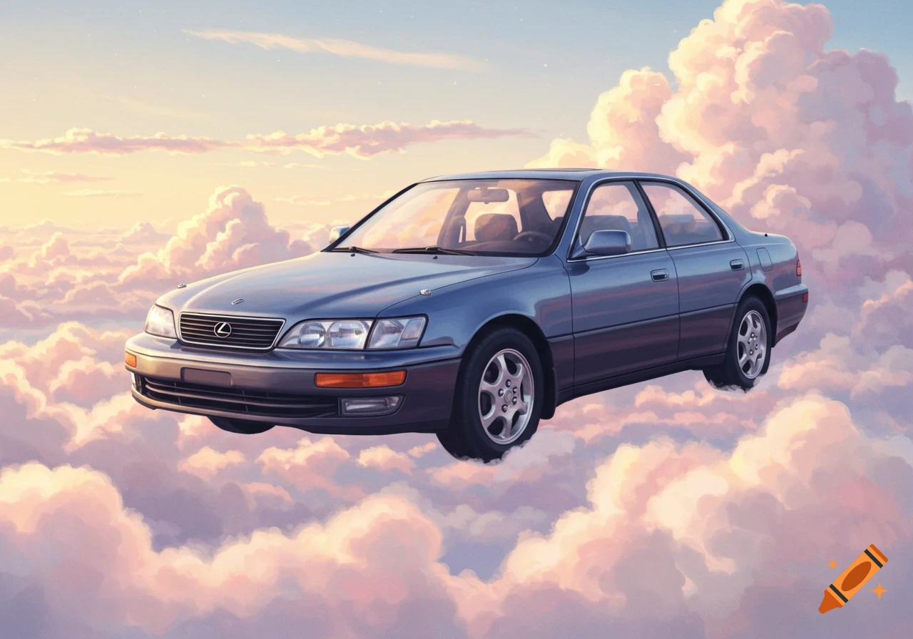 A blue Lexus ES300 sedan floats among soft pink and orange clouds in a sunset sky.