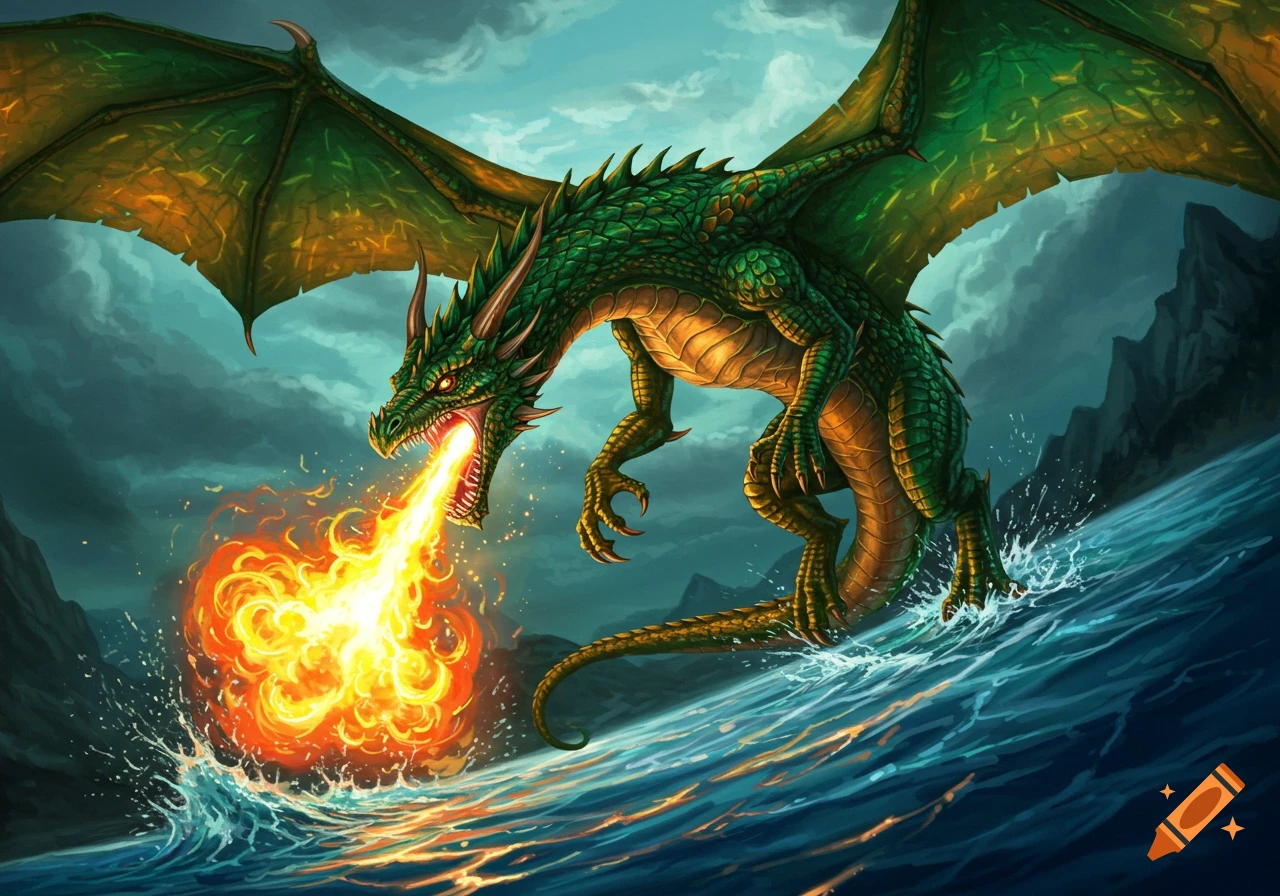 A large green dragon with orange wings breathes fire as it dives into blue water, creating splashes.
