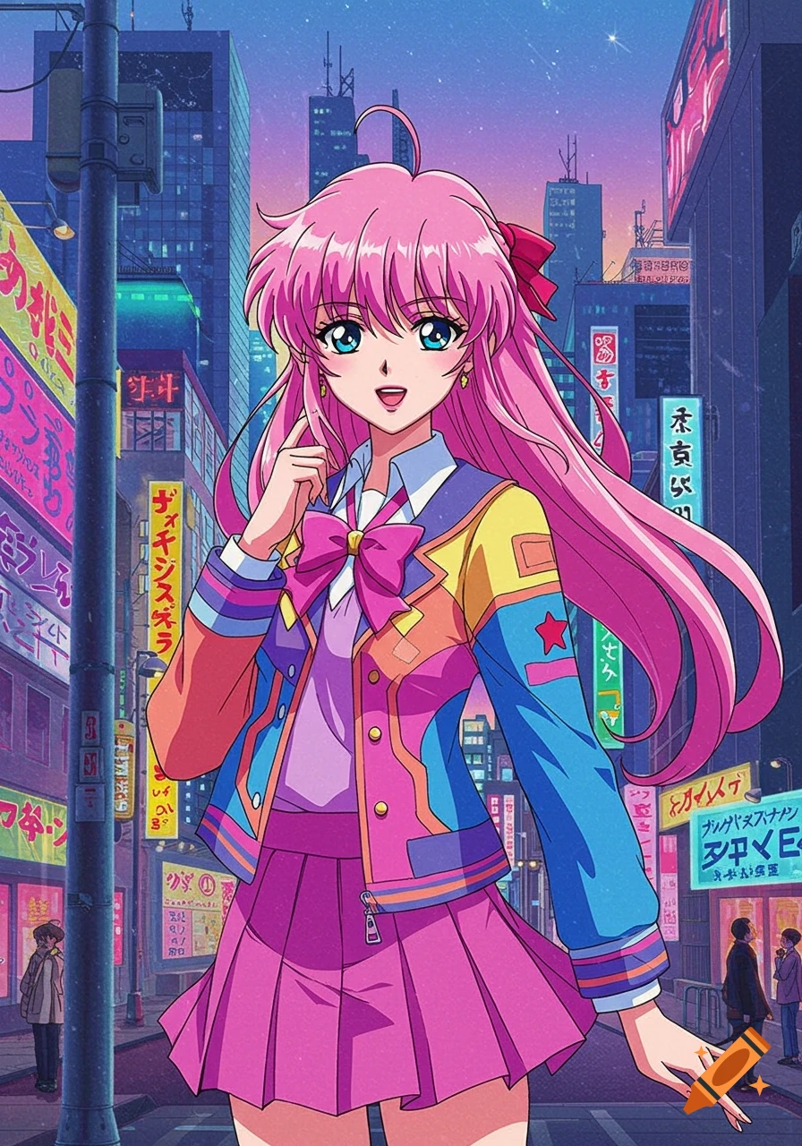 A vibrant anime girl with pink hair smiles and points, standing on a city street at dusk with neon signs.