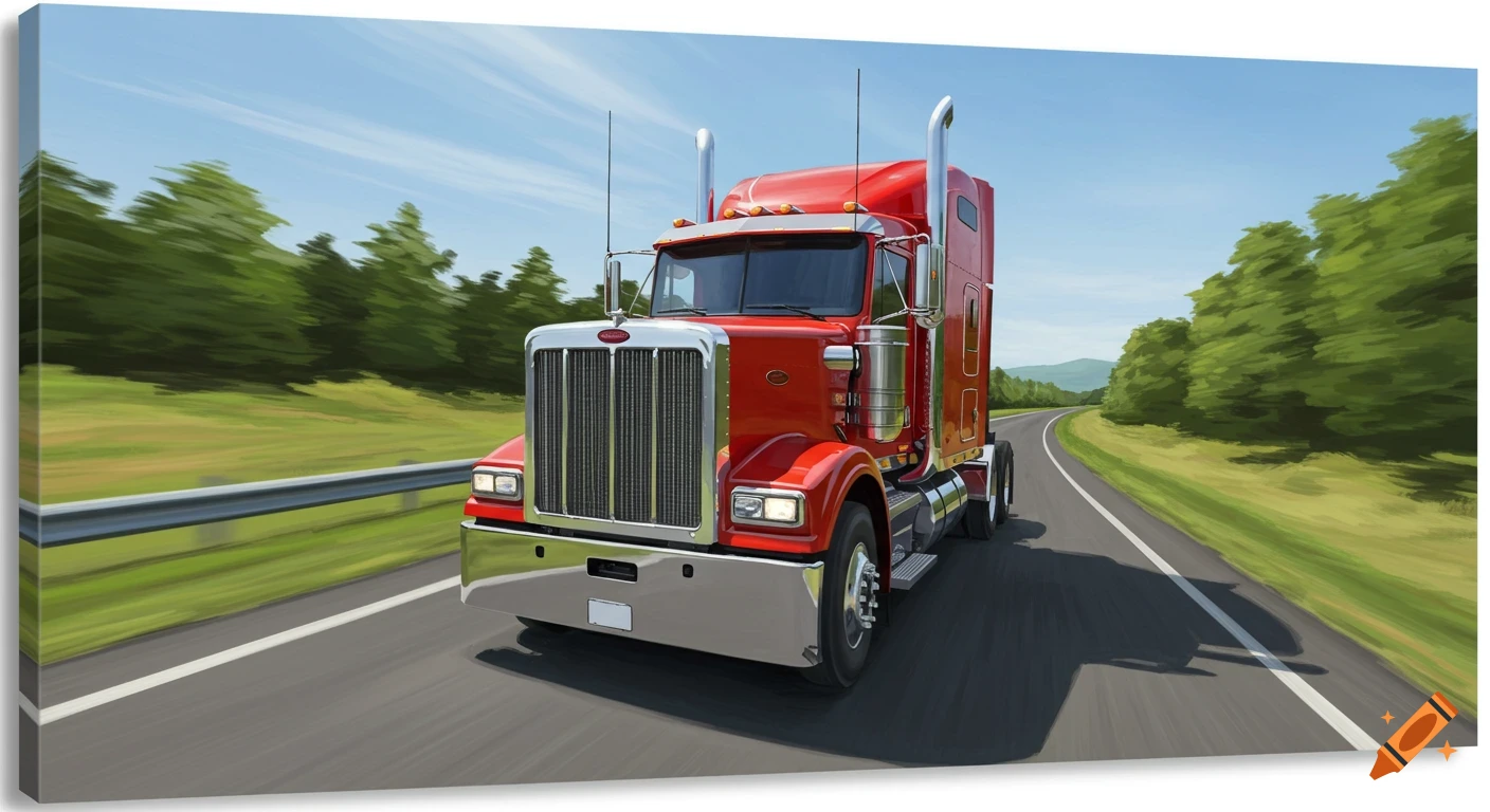 A red semi-truck speeds down a highway lined with green trees under a blue sky, depicted in a photorealistic style with motion blur.