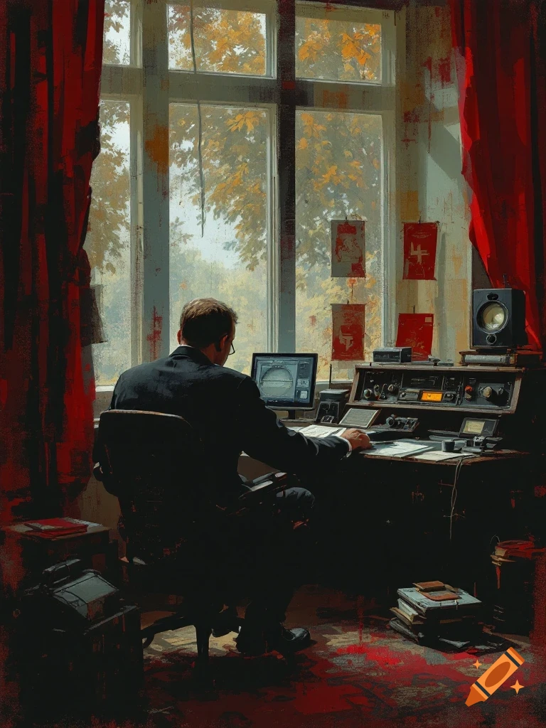 A man in a suit sits with his back to the viewer at a desk with radio equipment and a computer, looking out a large window into autumn trees. Red curtains frame the window, and red posters hang on the wall.