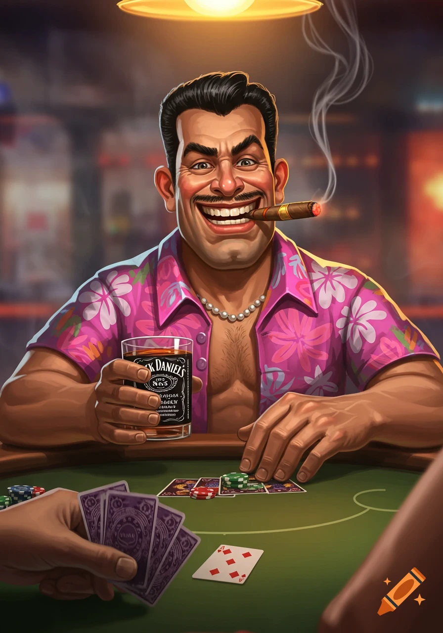 A stylized cartoon of a smiling man in a Hawaiian shirt playing poker, smoking a cigar, and holding a glass of Jack Daniel's.