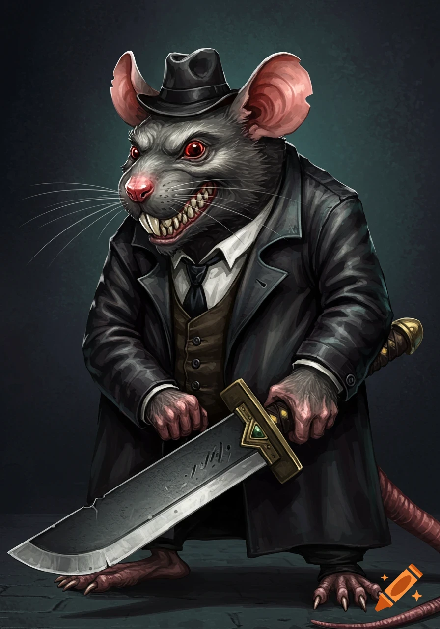 An anthropomorphic rat in a suit and fedora with red eyes and sharp teeth, holding a large sword. Digital illustration.