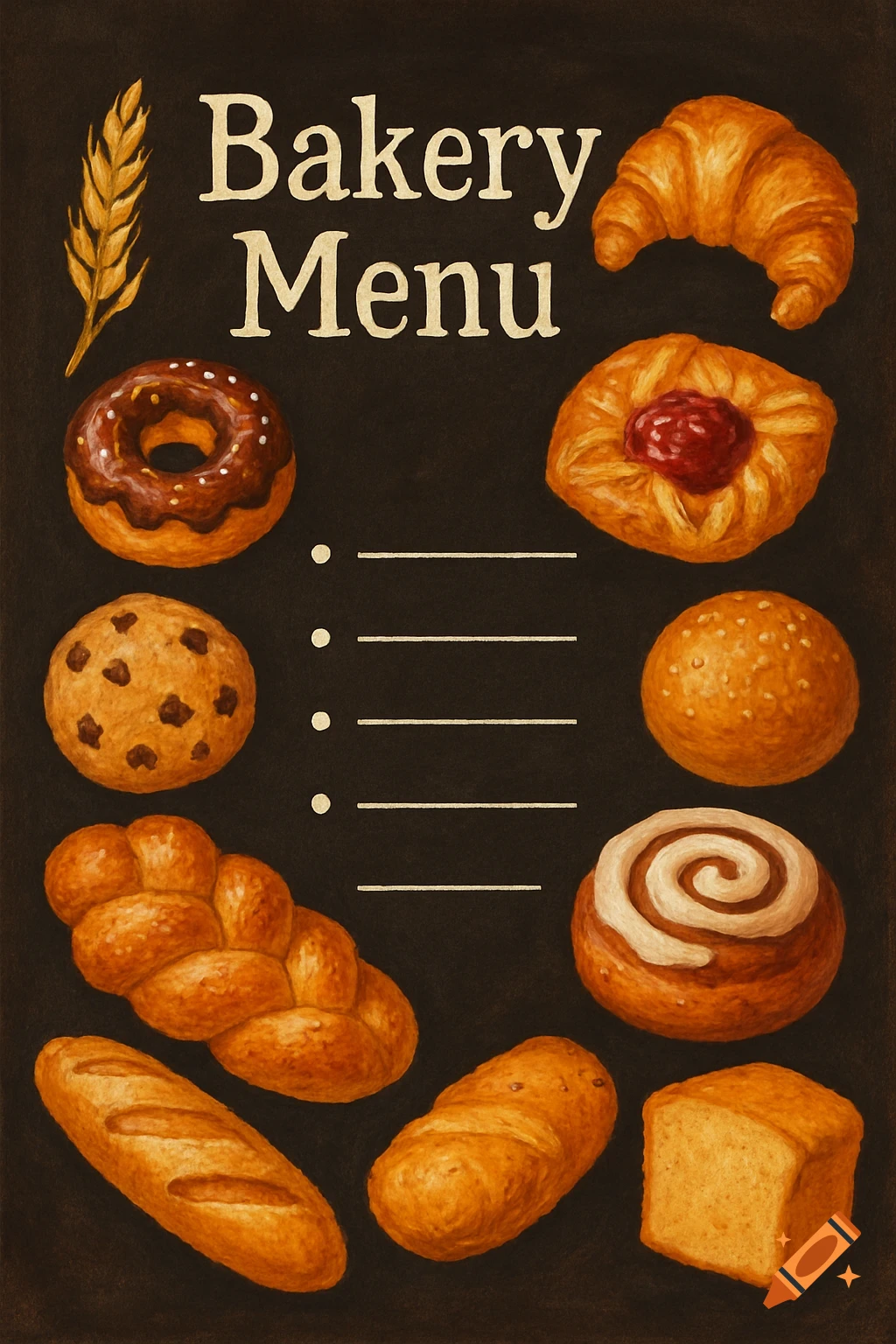 A vintage-style bakery menu on a dark background featuring various baked goods including croissants, donuts, cookies, and bread.
