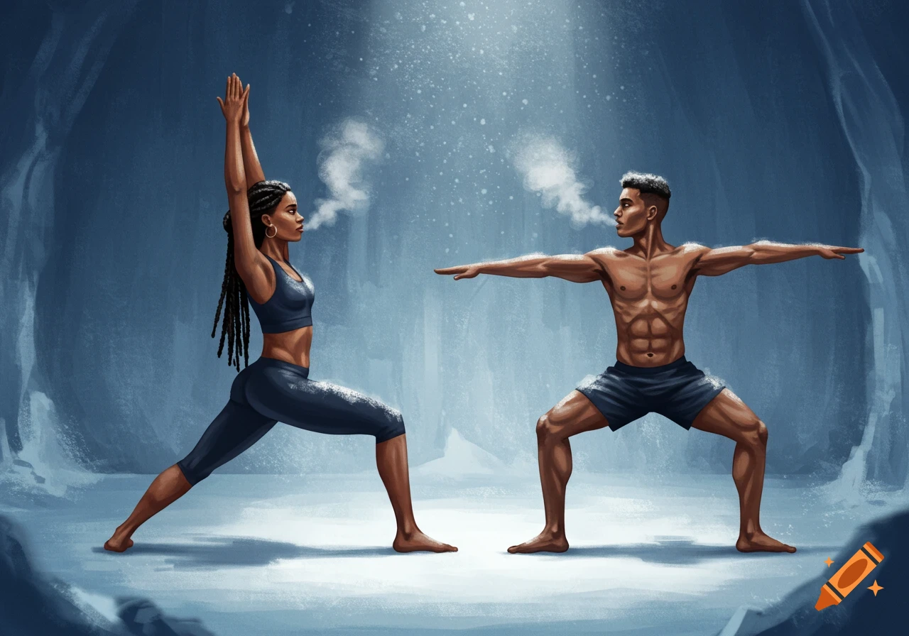 An illustration of a man and a woman doing yoga poses in a cold, icy environment with their breath visible.
