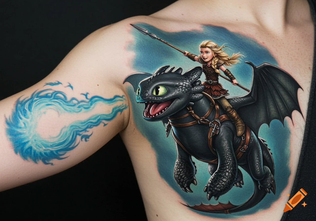 Realistic tattoo on a person's chest and arm showing a blonde Viking girl riding Toothless, a black dragon, shooting blue fire.