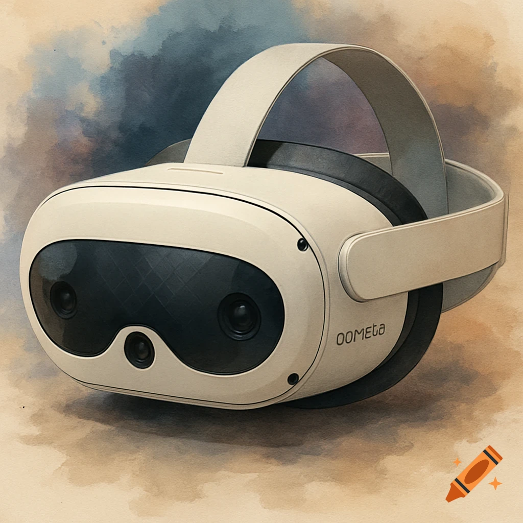 A cream-colored virtual reality headset with black accents, resembling a Meta Quest 3, rendered in a watercolor style.