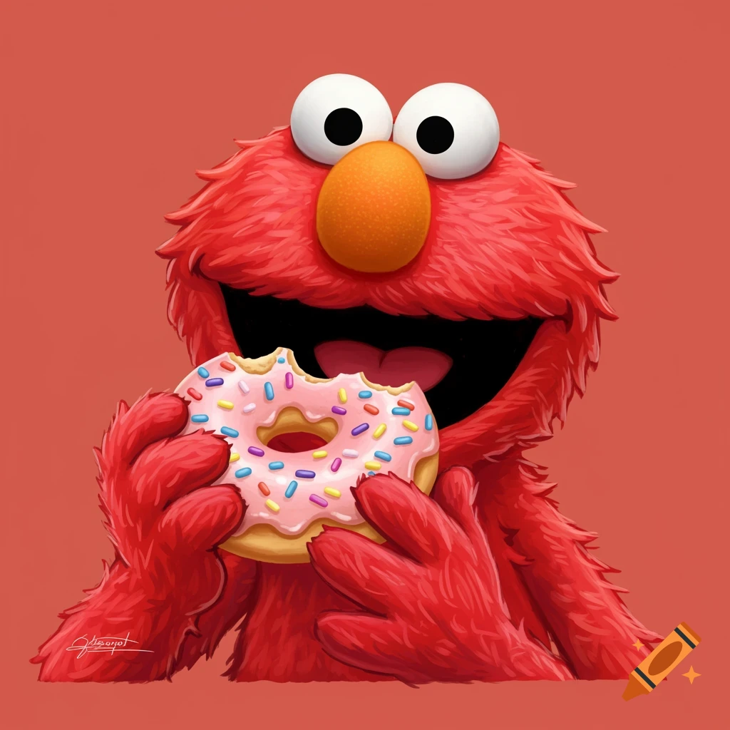 Red furry Elmo from Sesame Street joyfully eats a pink frosted donut with colorful sprinkles.