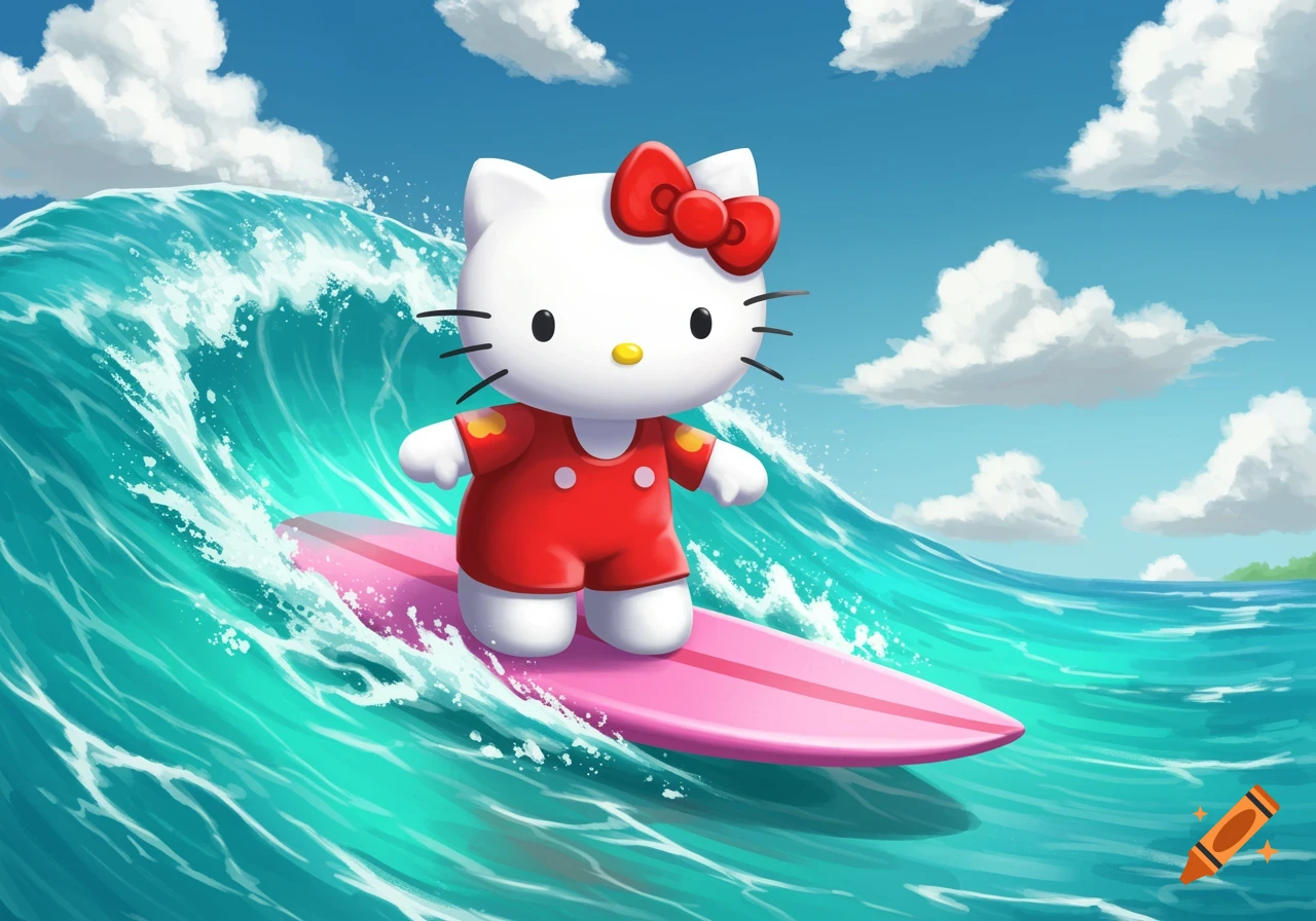 Hello Kitty on a pink surfboard rides a large teal wave under a blue sky with white clouds.