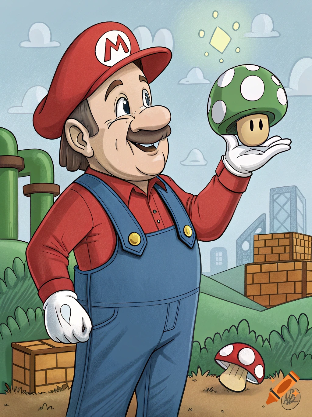 Cartoon illustration of a character resembling Mario in blue overalls and red shirt, holding a green mushroom, in a landscape with pipes and brick blocks.