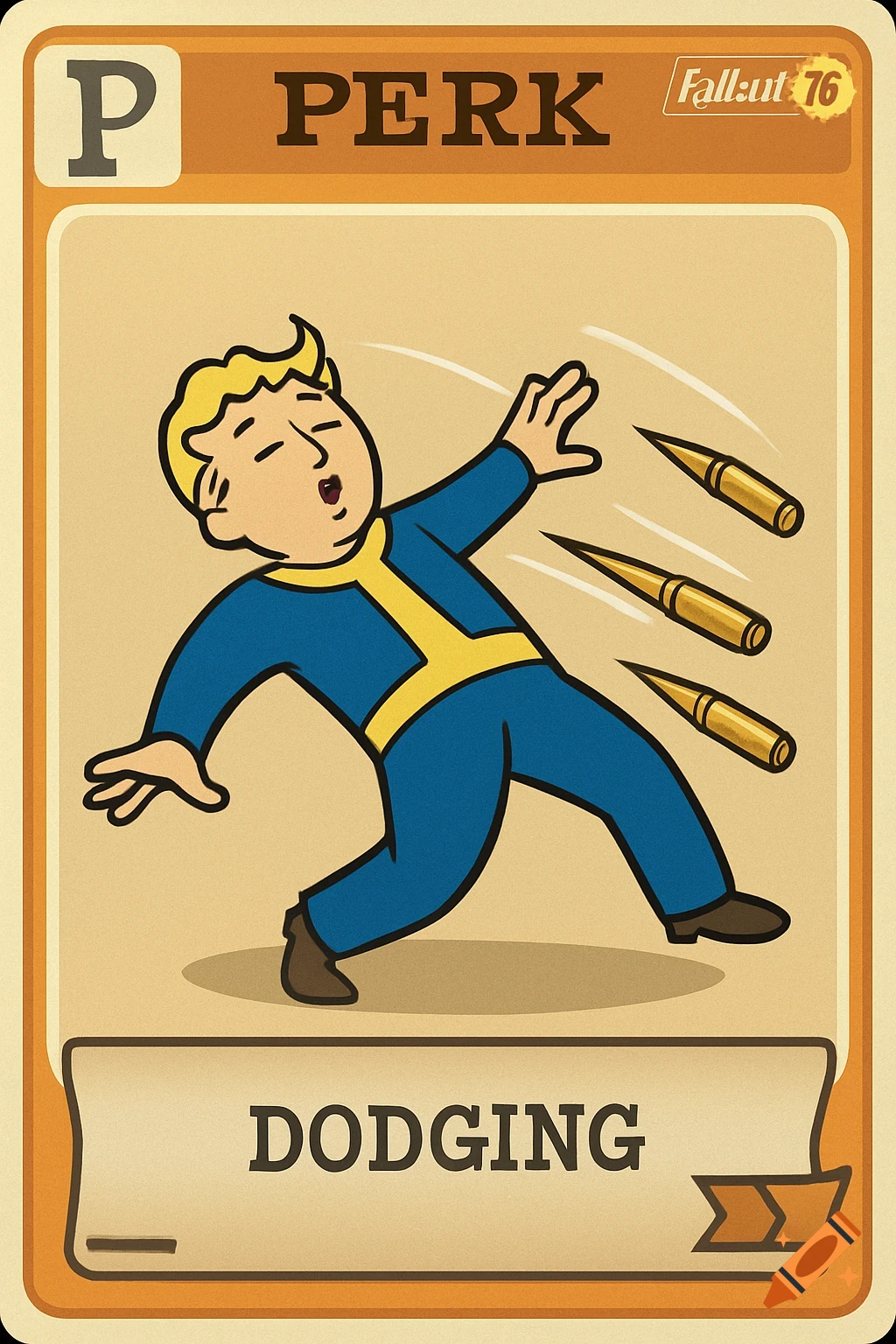 A Fallout 76 perk card featuring Vault Boy in blue and yellow, dodging three golden bullets in a cartoon style.