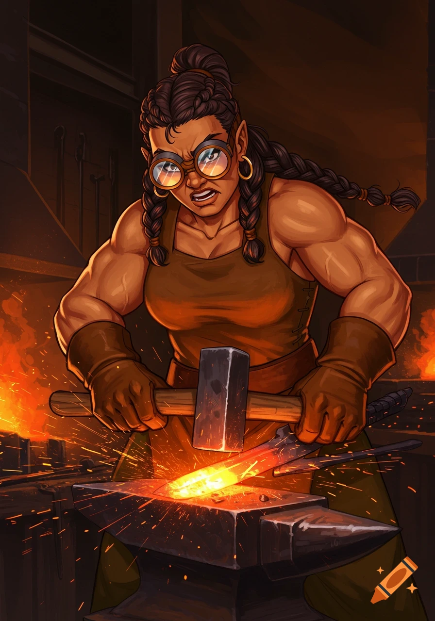 A strong dwarven woman blacksmith in a 1980s anime style uses a hammer to smith a glowing sword, surrounded by sparks in a forge.