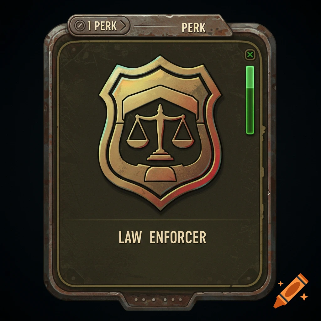 A bronze shield-shaped Fallout 4 style perk icon with scales of justice, labeled 'LAW ENFORCER'.