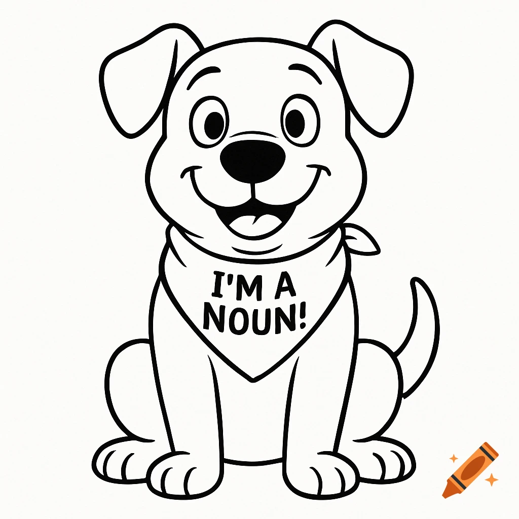 A black and white cartoon dog with a happy expression wearing a bandana that says "I'M A NOUN!", ready for coloring.
