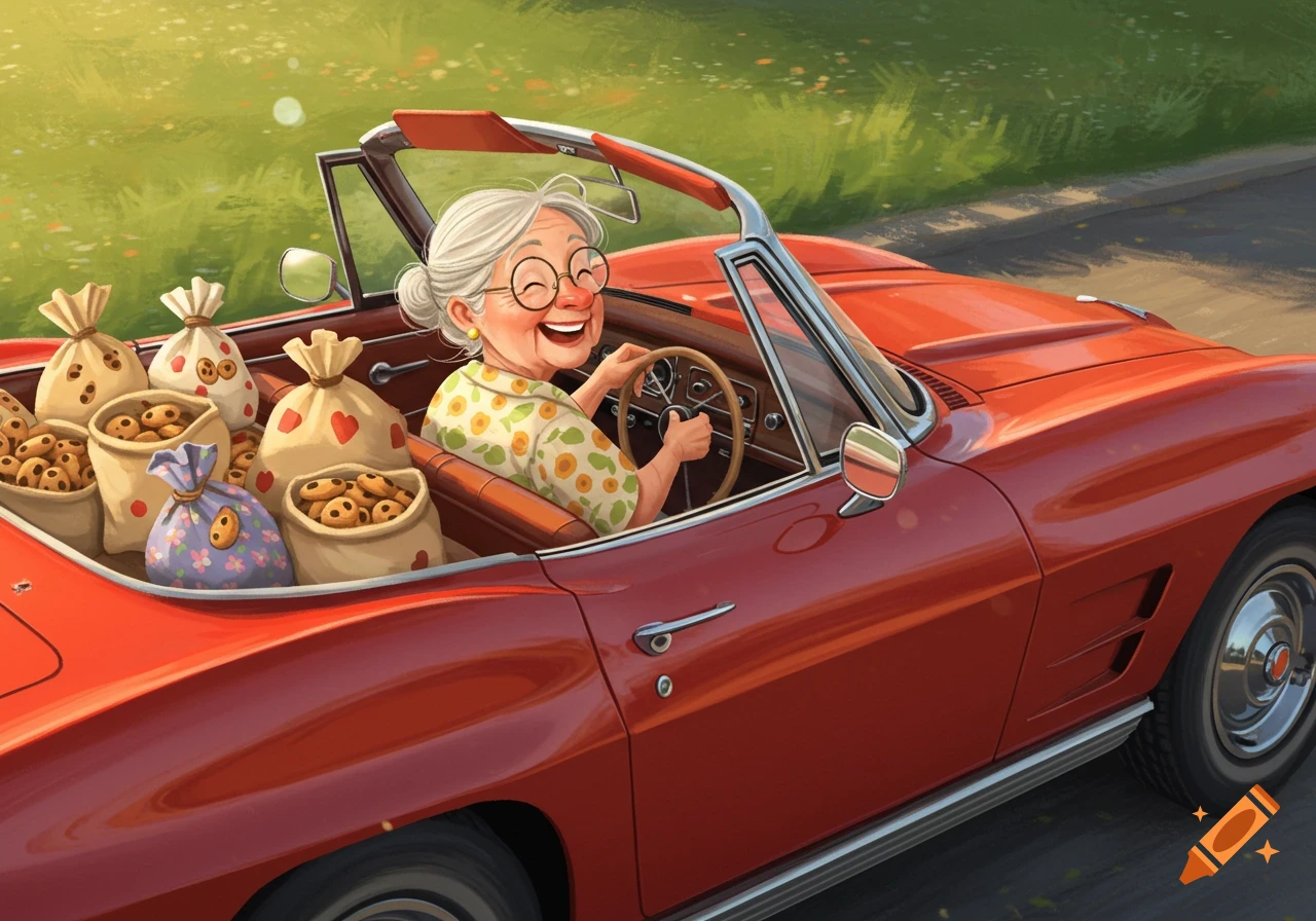 A happy cartoon grandma drives a red convertible car filled with bags of cookies.