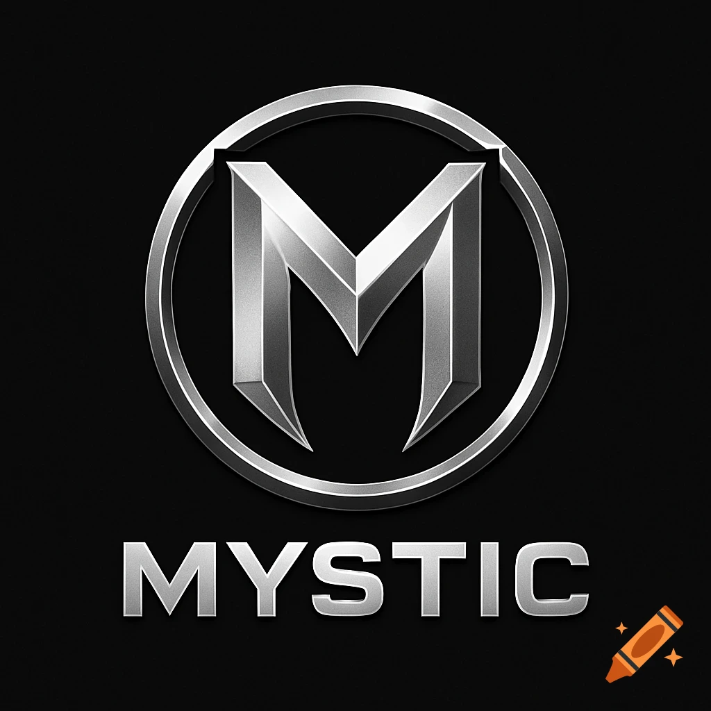 Silver metallic M logo within a circle above the word 'MYSTIC' on a black background.