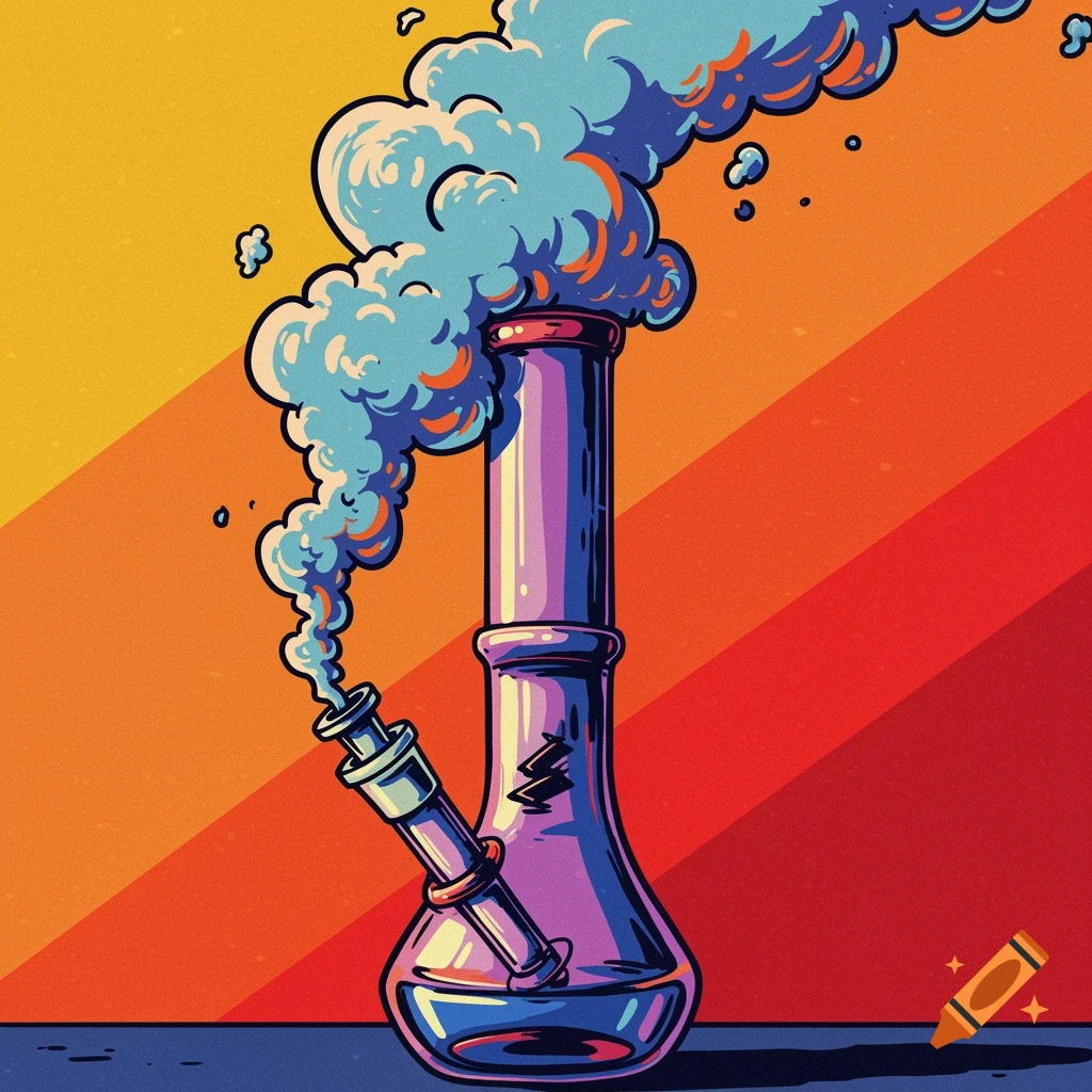 A colorful comic book style illustration of a smoking bong on a vibrant striped background.