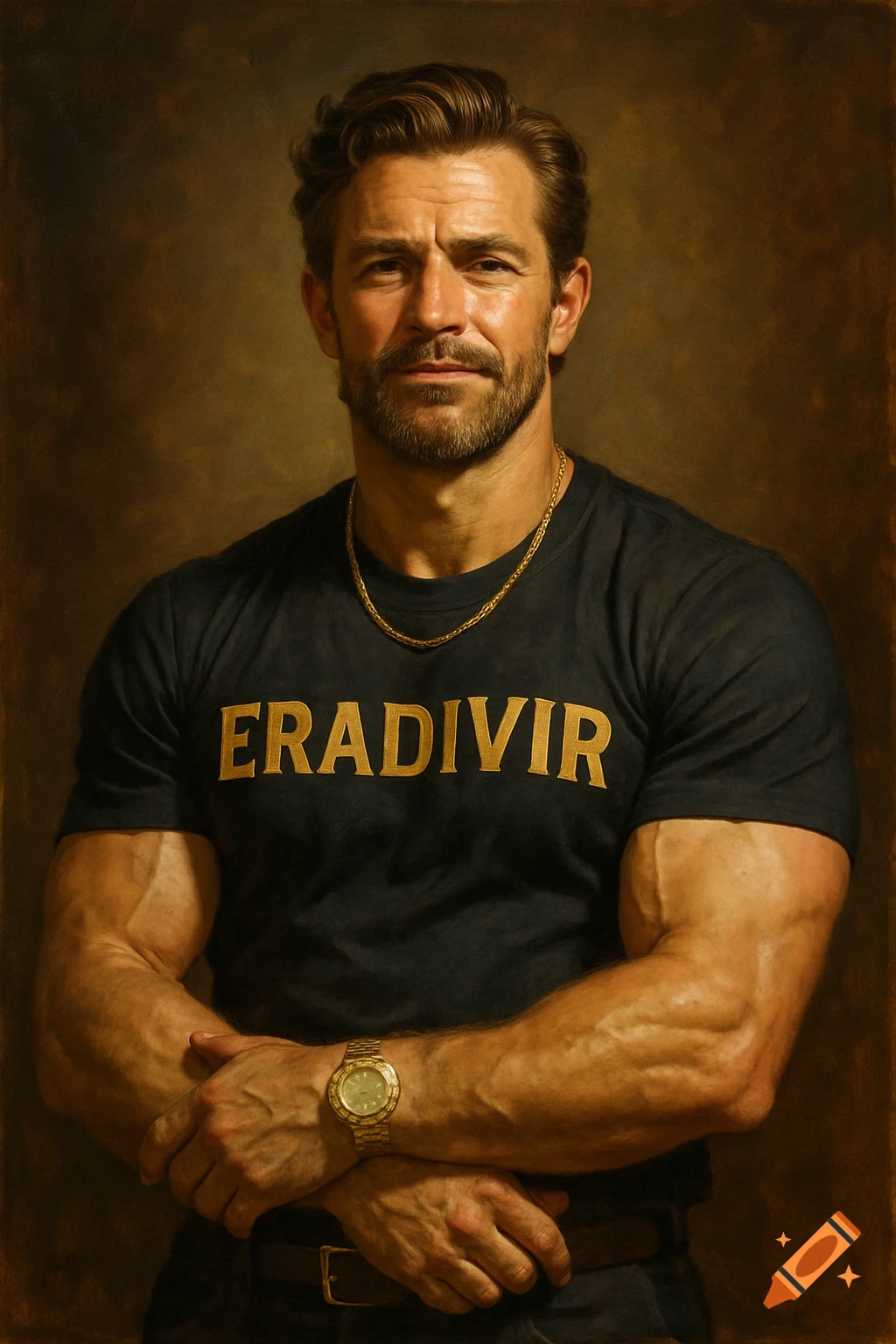 Photorealistic portrait painting of a muscular man with a beard, wearing a black t-shirt with 'ERADIVIR', a gold chain, and a gold watch.