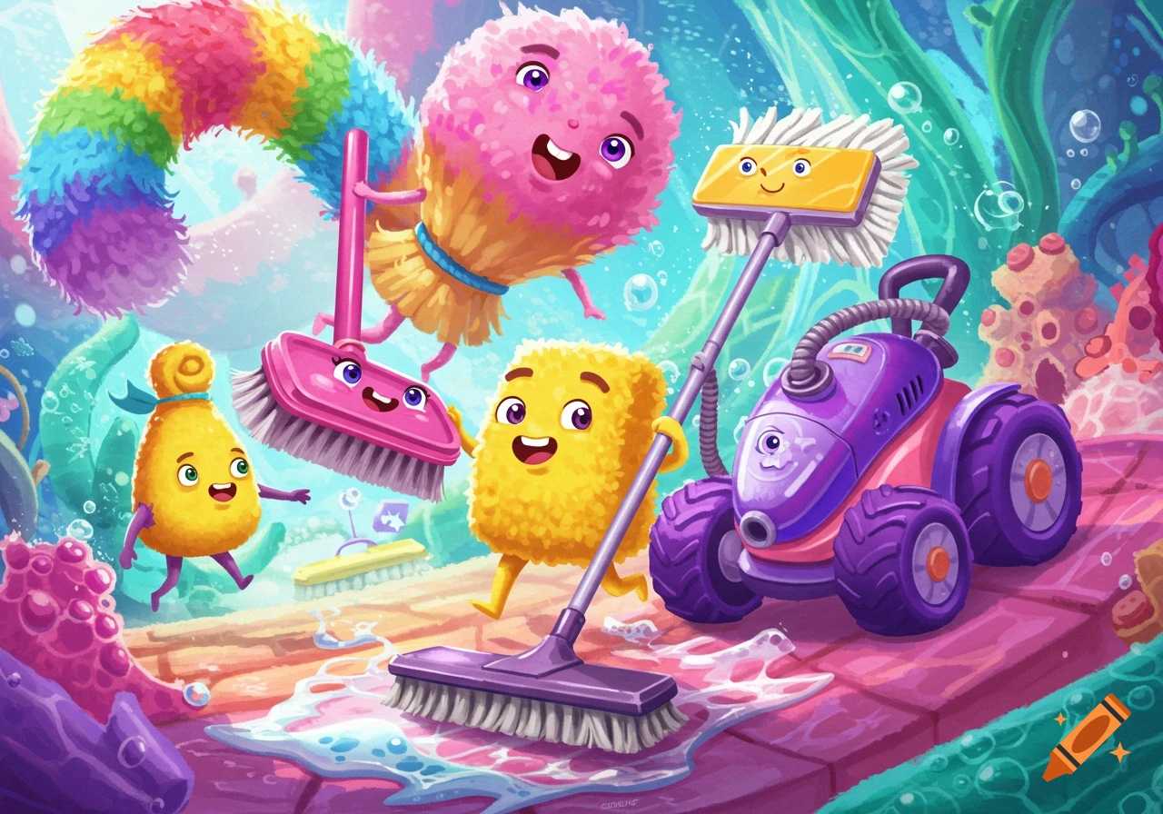 Whimsical cartoon illustration of colorful, smiling cleaning tools, including brushes, a mop, and a vacuum cleaner, in a vibrant underwater setting.