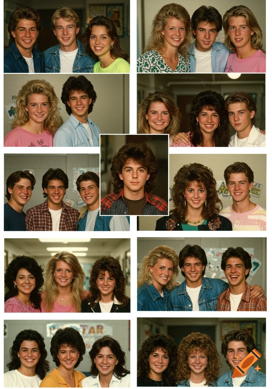 A collage of smiling 1980s-style yearbook portraits of young men and women.
