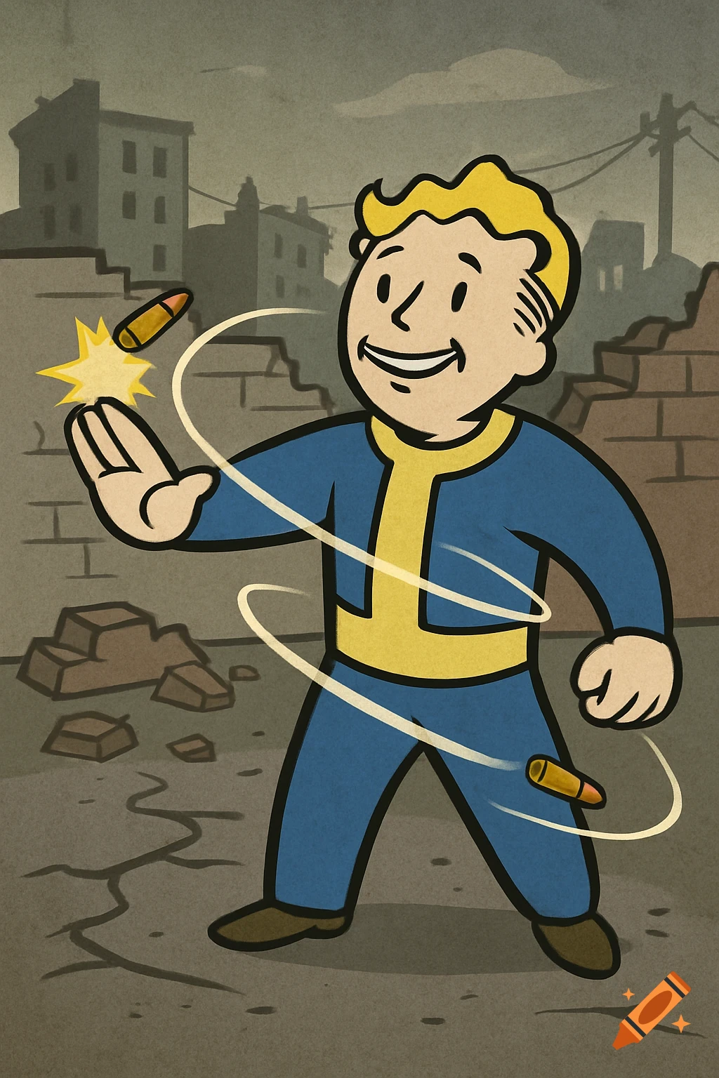 Vault Boy, a retro-style cartoon character, smiles as bullets ricochet around him in a desolate, ruined city.