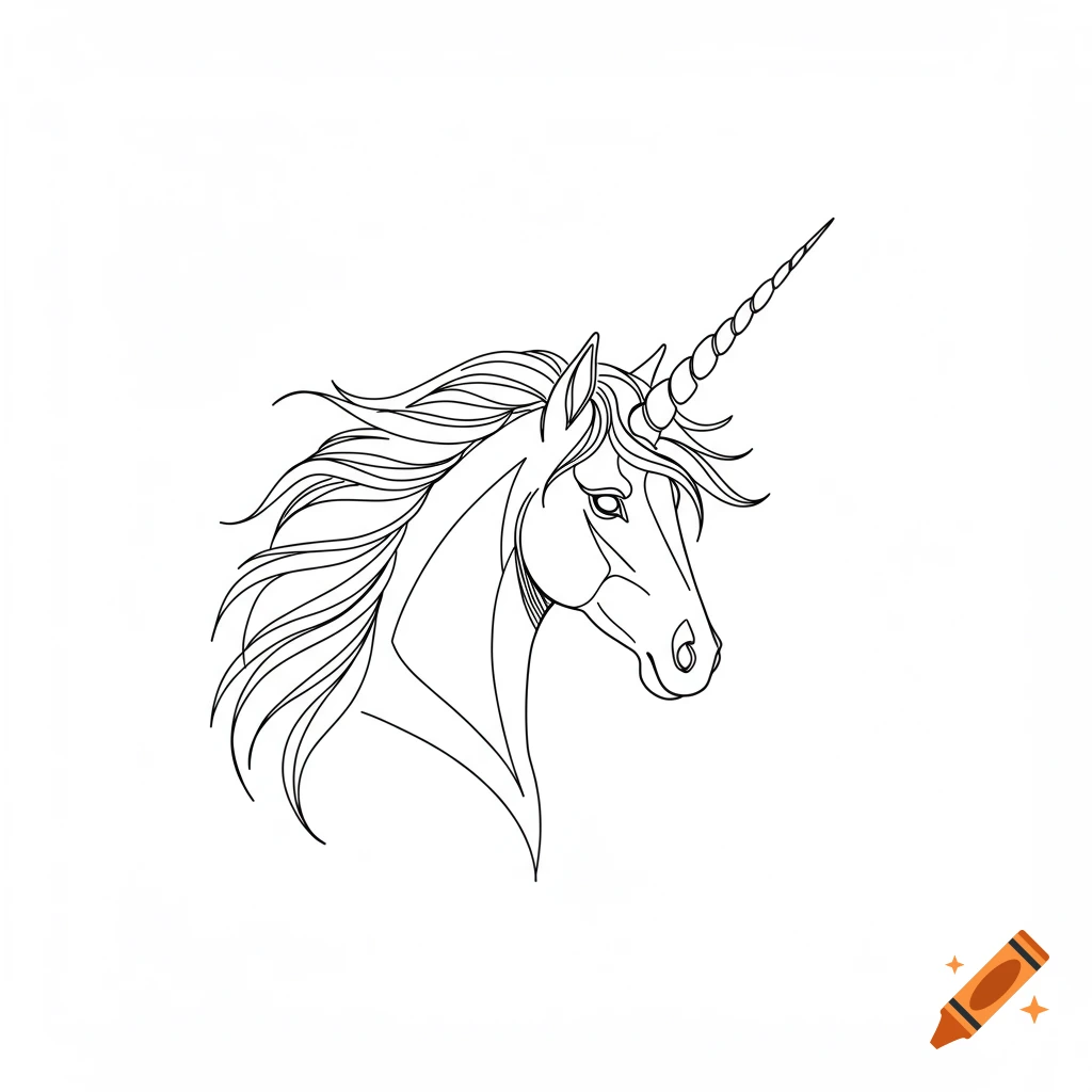 A black and white line drawing of a unicorn's head, featuring a flowing mane and a spiraled horn.