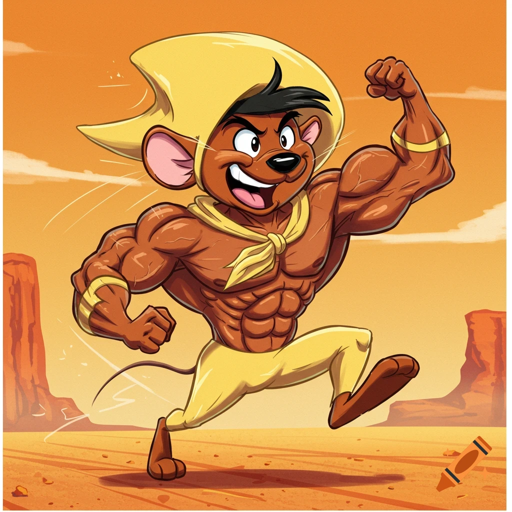 A muscular Speedy Gonzales cartoon character wearing a sombrero and yellow scarf, running through a desert landscape.