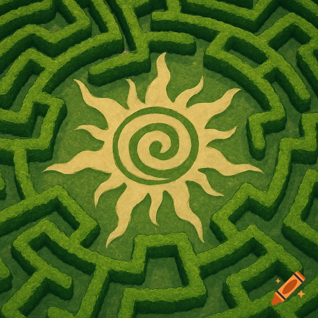 Top-down view of a lush green hedge maze with a stylized yellow sun symbol at its center.