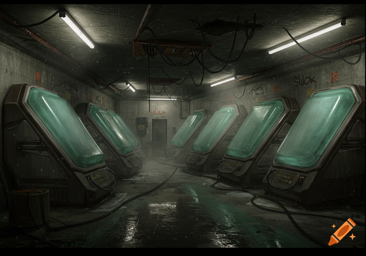 A dark, atmospheric image of an abandoned bunker with a row of sci-fi cryopods lining the walls, their screens glowing green. The floor is wet.