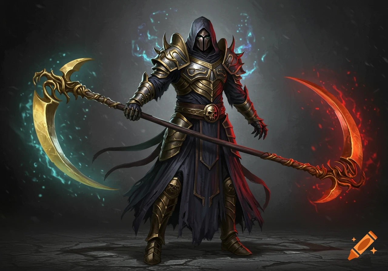 A warlock in heavy gold and black armor with a hooded mask, holding a golden and a red scythe with glowing auras.