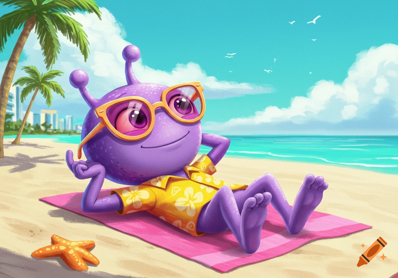 A smiling purple alien in sunglasses and a Hawaiian shirt relaxes on a pink towel on a sunny tropical beach.