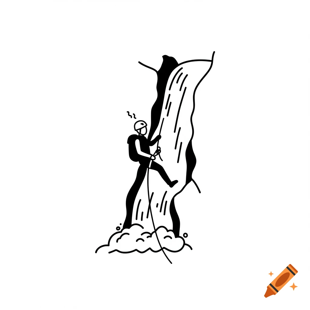 A simple black and white icon illustration of a person rappelling down a waterfall.