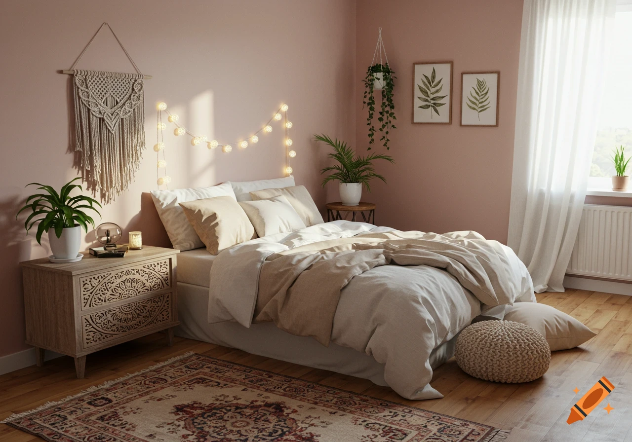 A cozy bedroom with blush pink walls, a bed with light-colored bedding, a macrame wall hanging, plants, and a patterned rug.