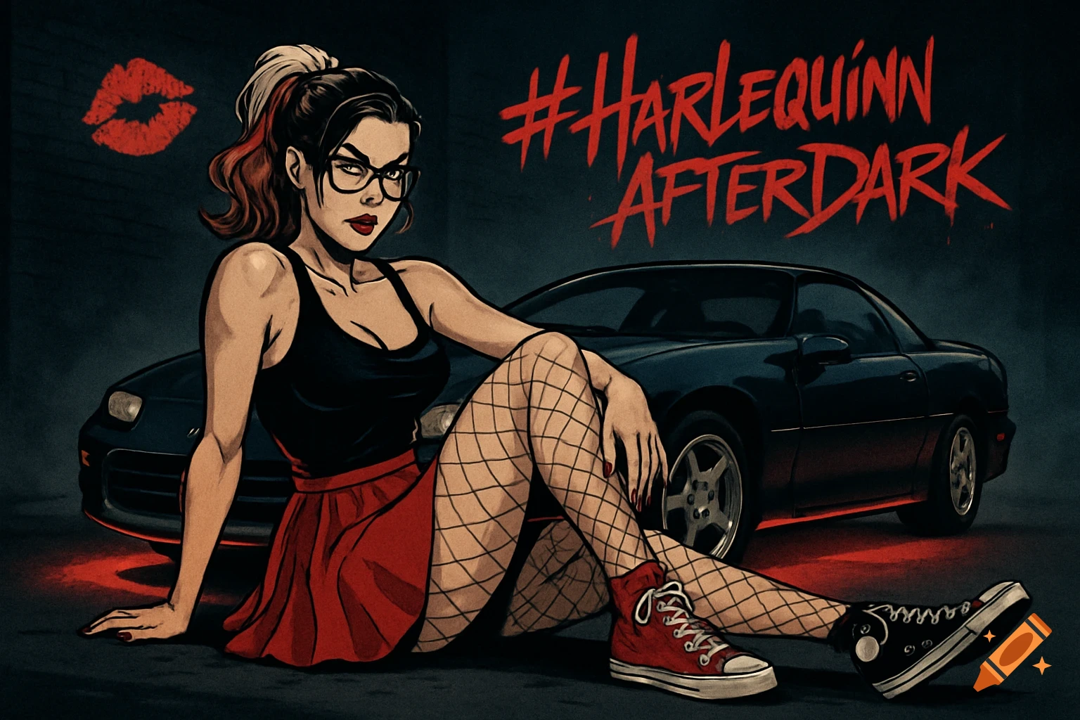 A comic art illustration of a woman in Harlequin-inspired fashion with glasses and fishnets, sitting by a black Camaro, with '#HarlequinnAfterDark' text and a kiss mark.