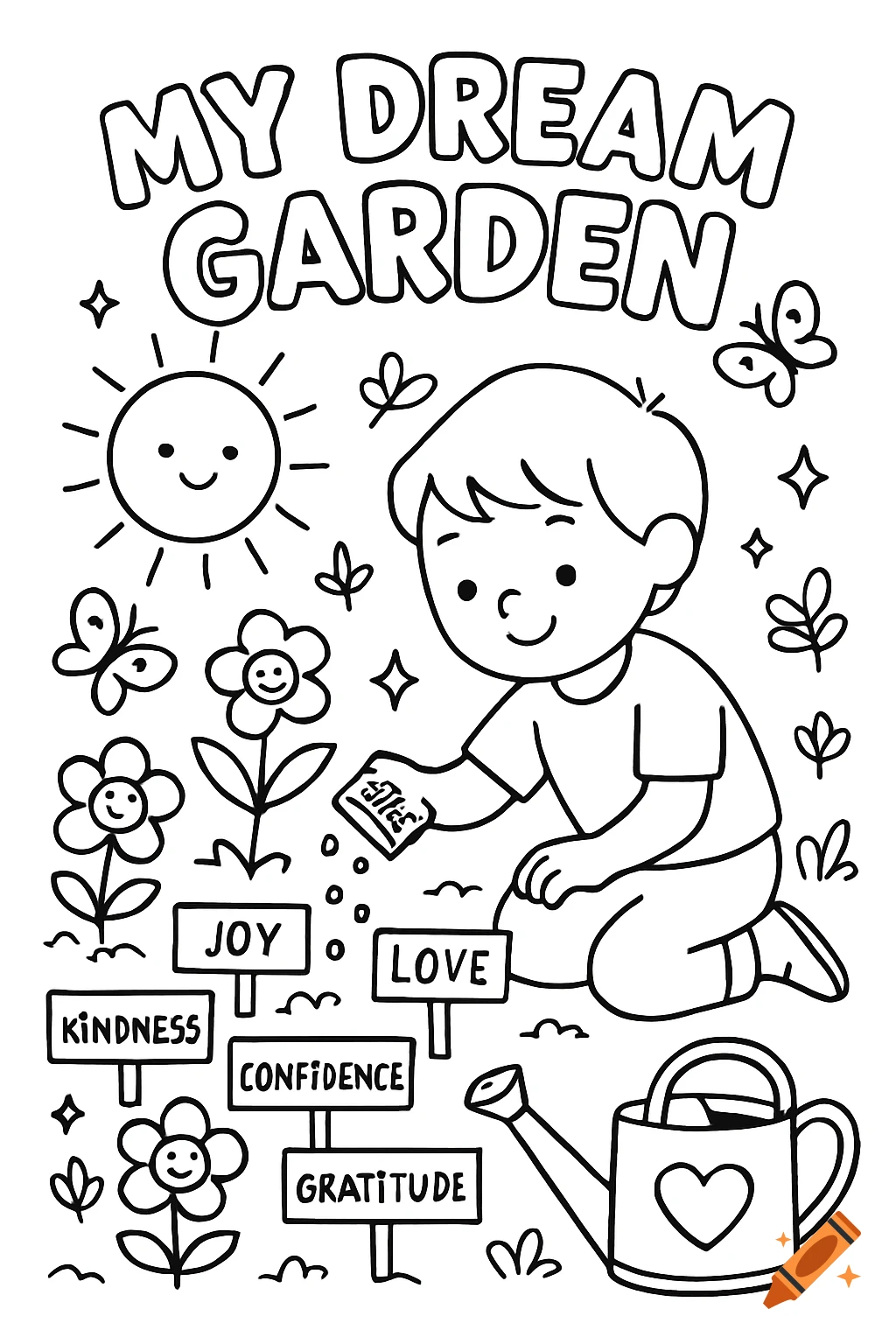 A black-and-white coloring book illustration of a child planting seeds in a garden with signs for 'Joy', 'Love', 'Kindness', 'Confidence', and 'Gratitude' under 'My Dream Garden'.