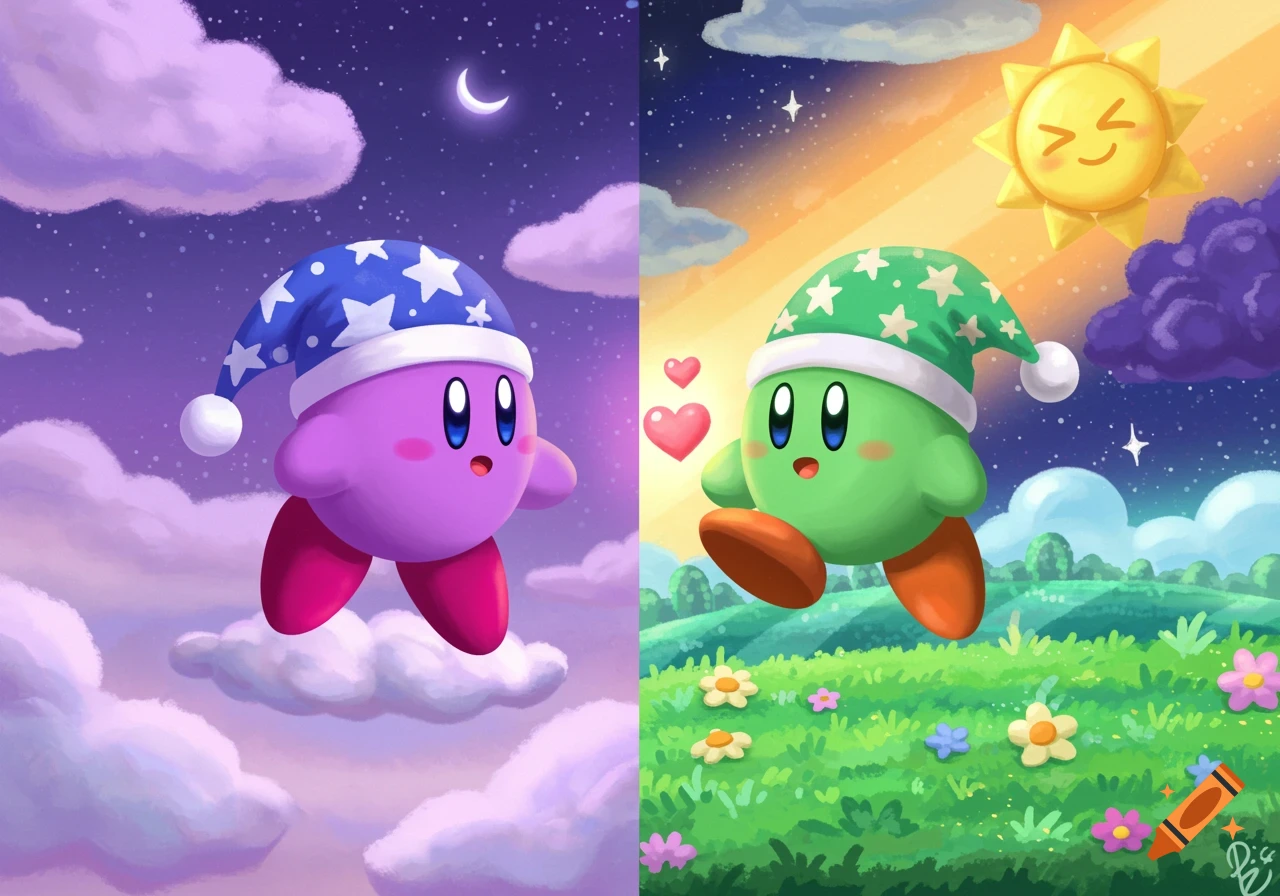 A split image showing a purple Kirby floating in a night sky with a crescent moon on the left, and a green Kirby walking on a grassy field under a sunny sky on the right, with pink hearts.