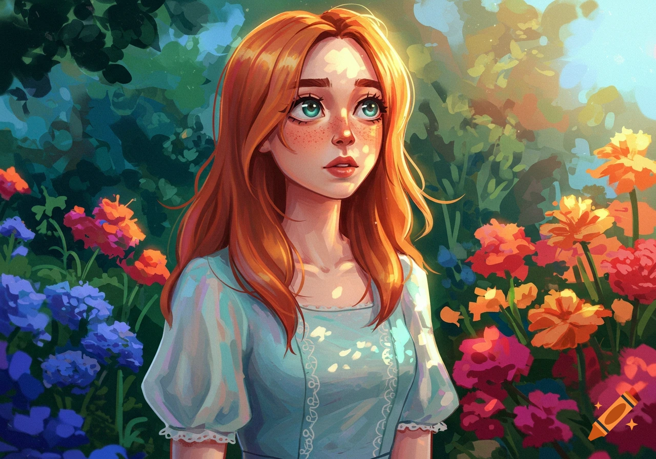 A vibrant digital illustration of a young woman with red hair looking up in a colorful garden filled with flowers.
