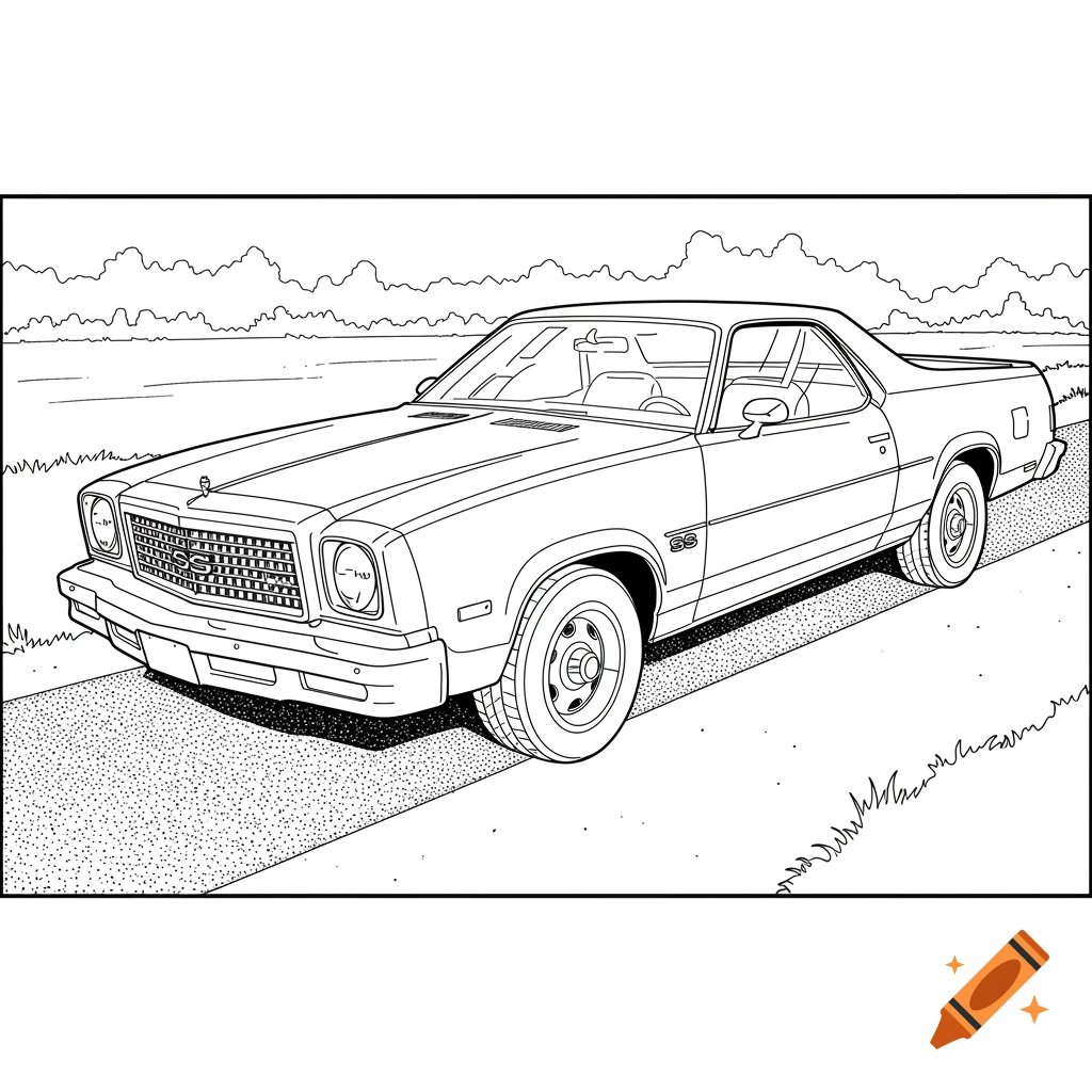 Black and white line art of a 1975 Chevrolet El Camino SS parked on a road, styled as a coloring book page.