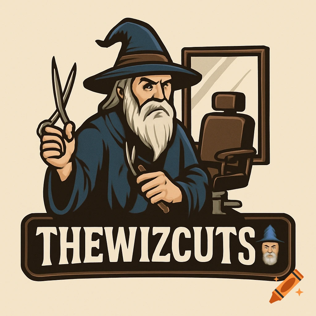 A cartoon logo features a wizard barber in a blue hat holding scissors, with a barber chair and mirror. Text reads THEWIZCUTS.