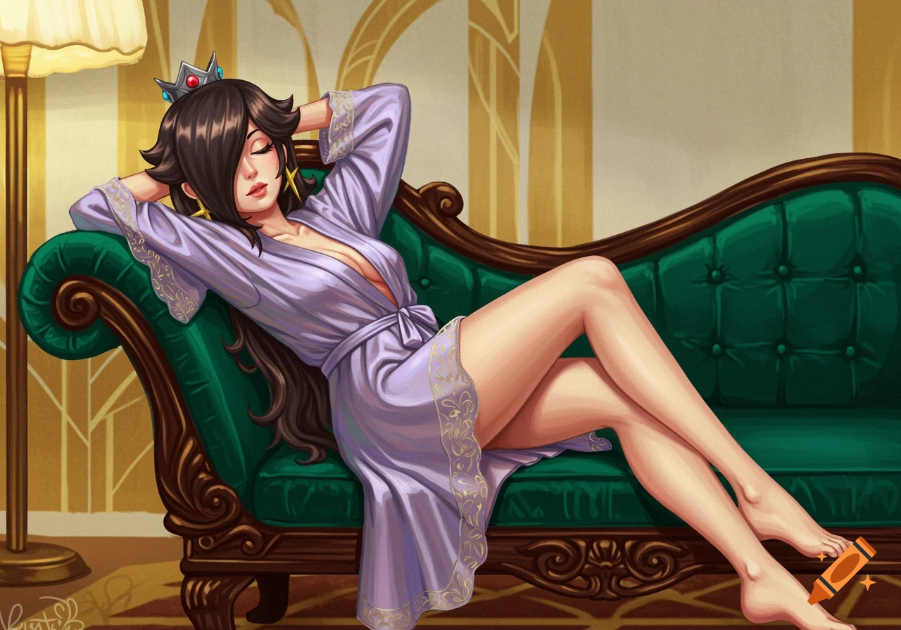 Rosalina from Mario reclining on a green chaise lounge in a short lavender silk robe, an illustrated digital artwork.