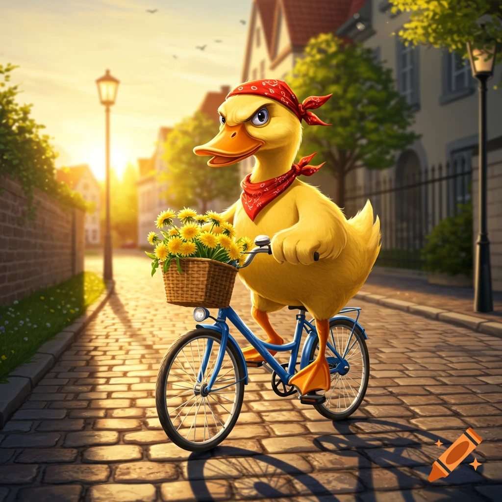 A fierce yellow duck wearing a red bandana rides a blue bicycle with a basket of sunflowers down a cobblestone street at sunset.