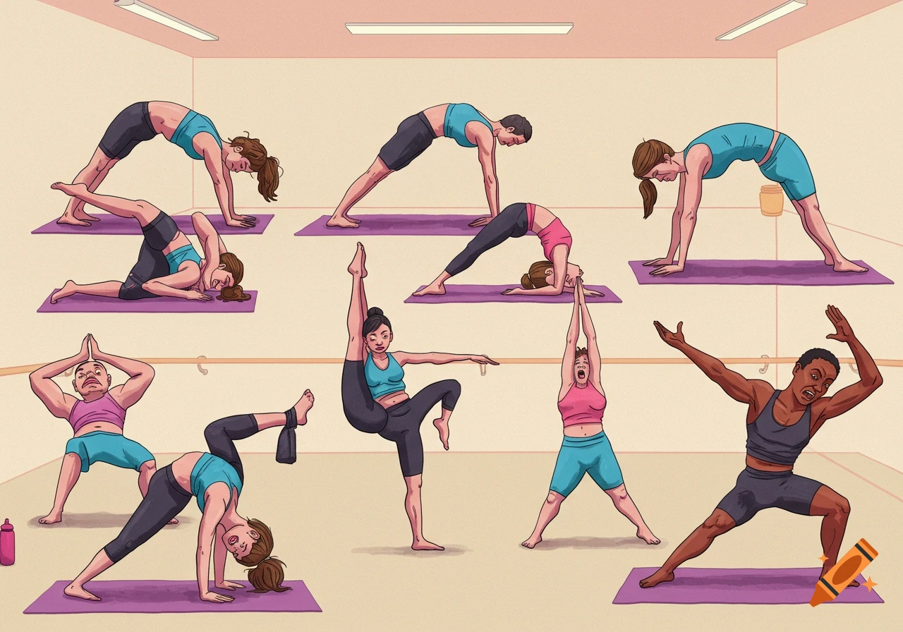An illustration of several people in a yoga studio performing various exaggerated and awkward yoga poses, some with distorted expressions.