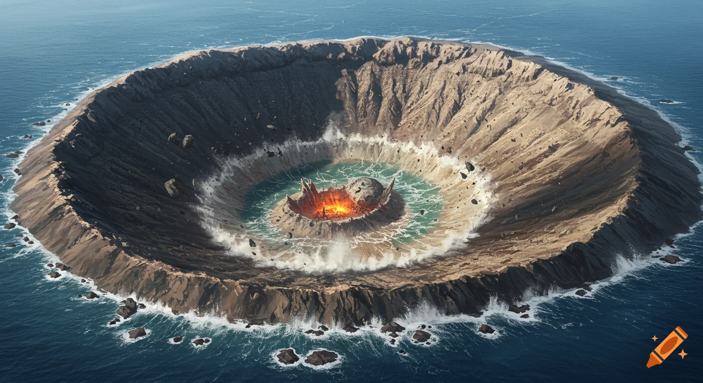 Aerial view of a massive impact crater in the ocean with an explosion at its center and large rocks flying out.