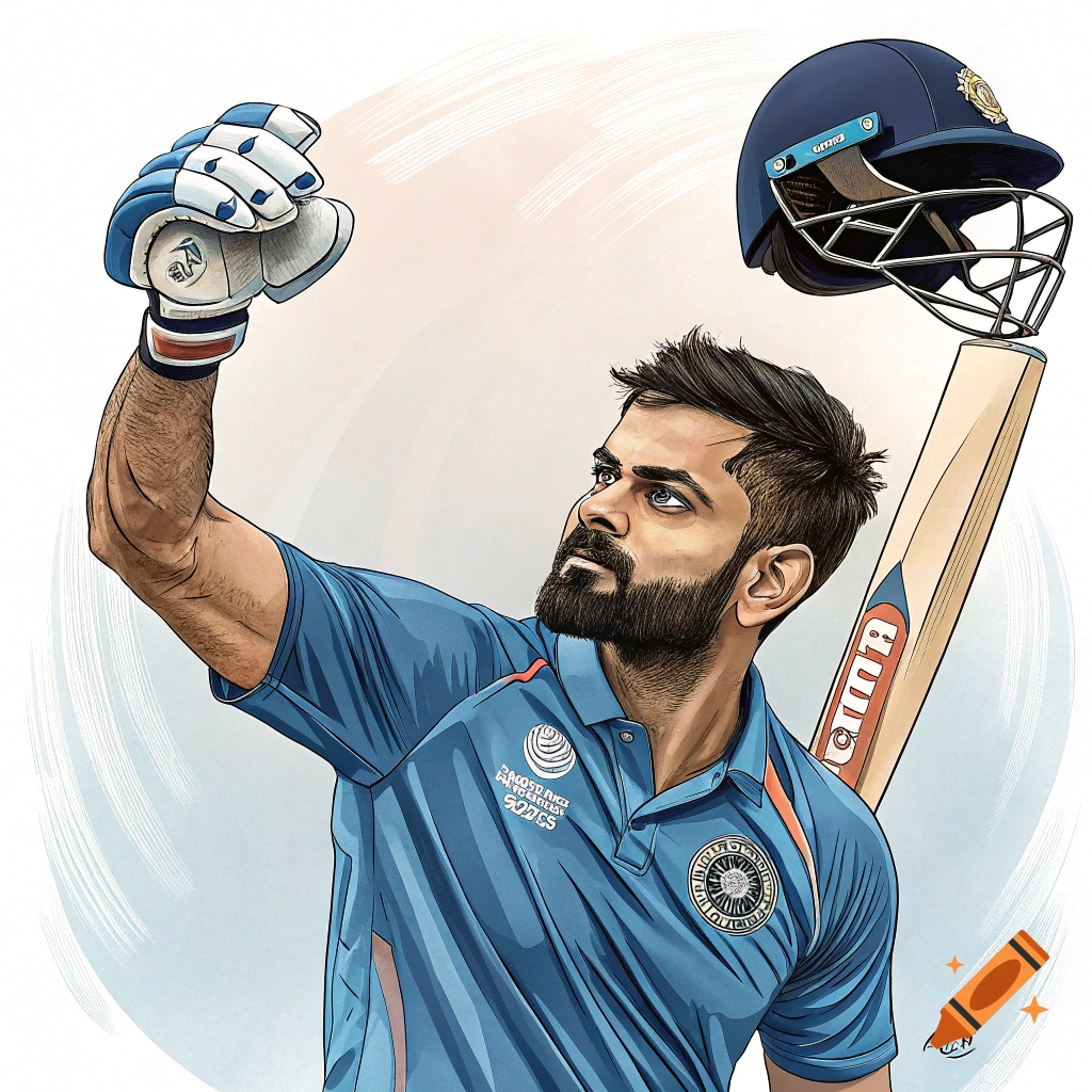 Illustration of cricketer Virat Kohli raising a gloved hand, looking up. He wears a blue India uniform, with a cricket bat and helmet beside him.