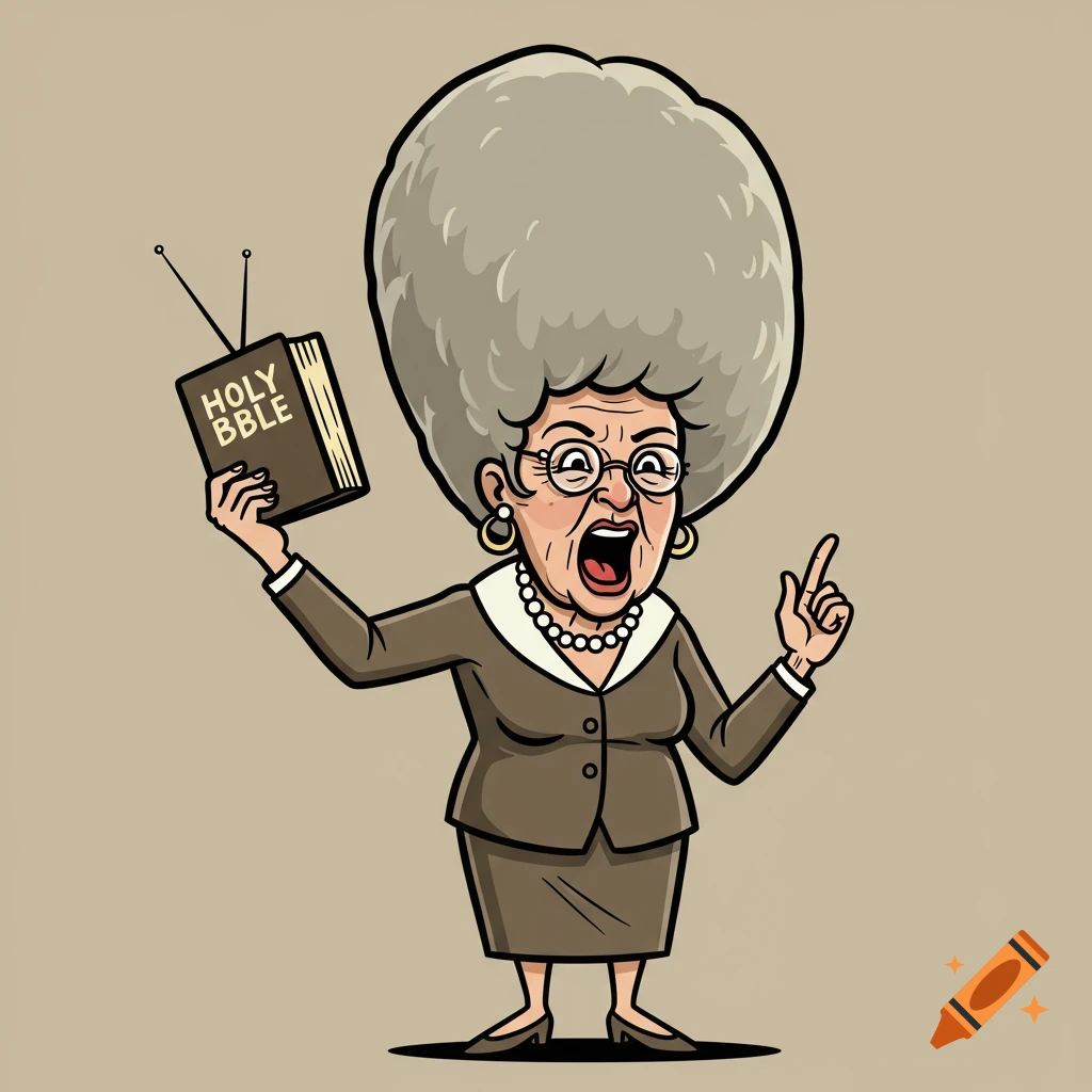 Cartoon caricature of an angry elderly woman with a large beehive hairdo, holding a book labeled 'HOLY BBLE' and pointing a finger.