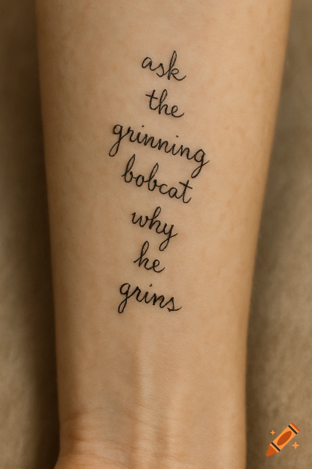 A close-up shot of an arm with a cursive tattoo that reads 'ask the grinning bobcat why he grins'.