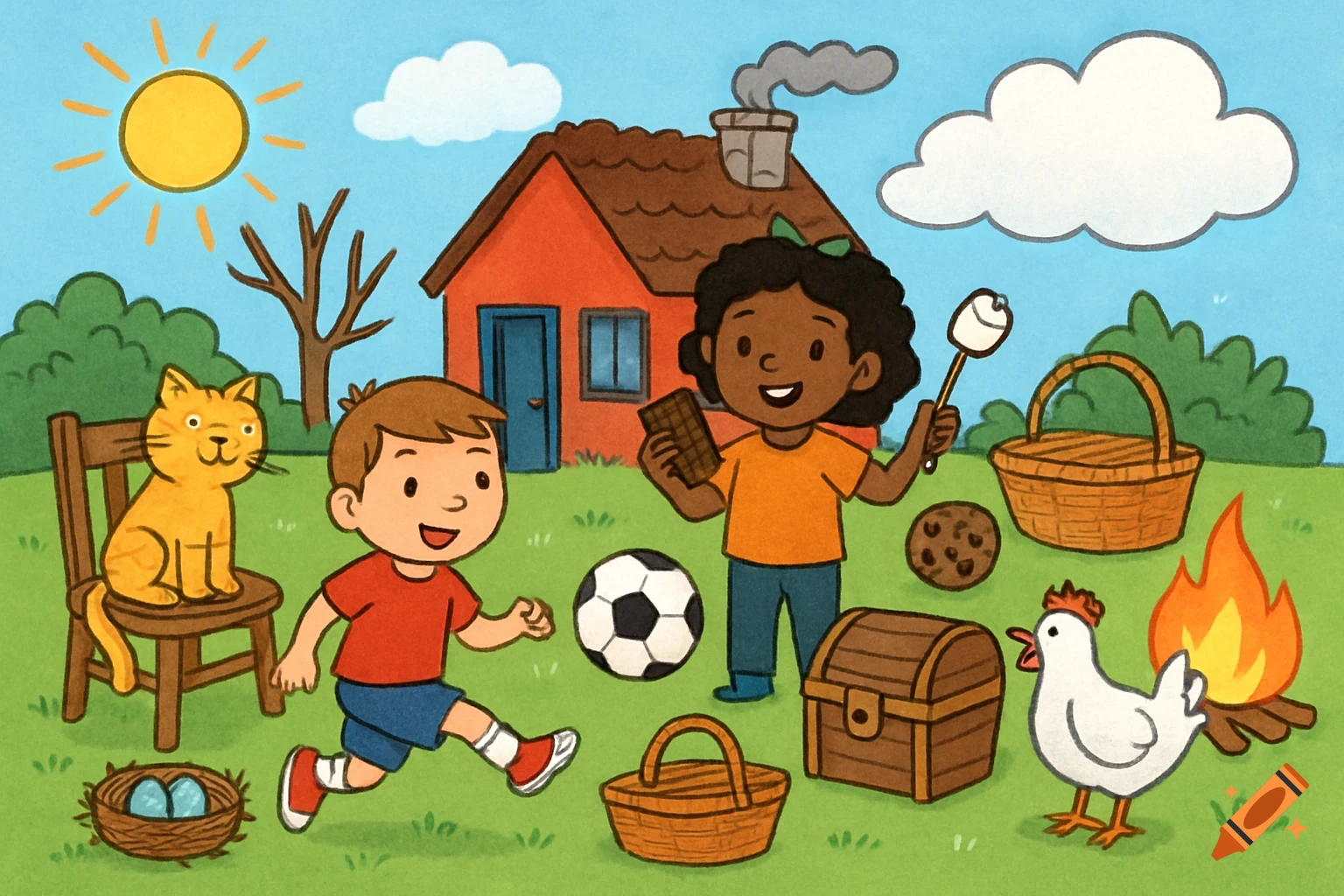 A colorful cartoon illustration of two children playing in a sunny backyard with a house, cat, chicken, and various items like a soccer ball, baskets, a treasure chest, and a campfire.