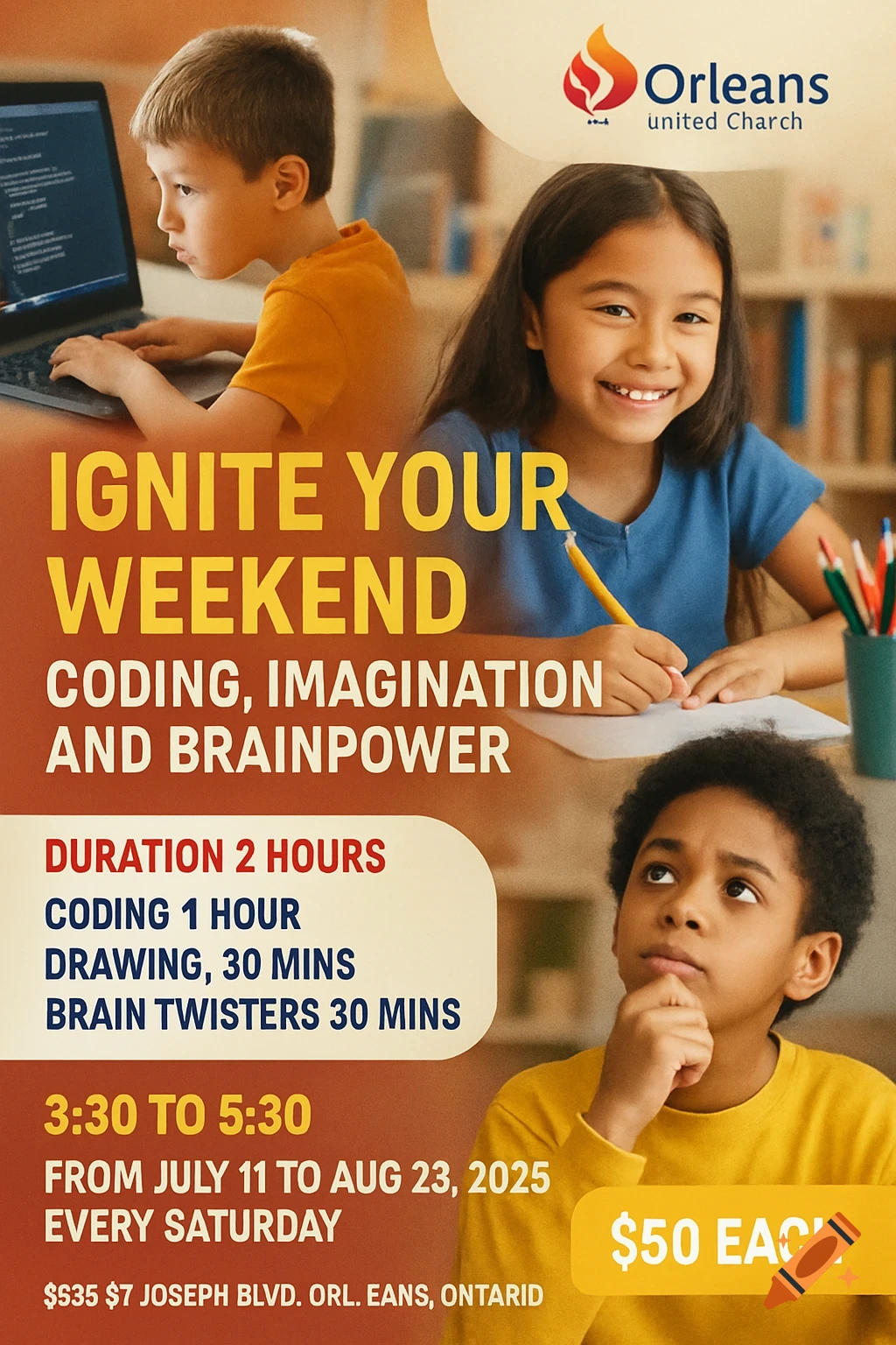 A colorful leaflet advertising 'Ignite Your Weekend' for kids, showing children engaged in coding, drawing, and thinking activities.